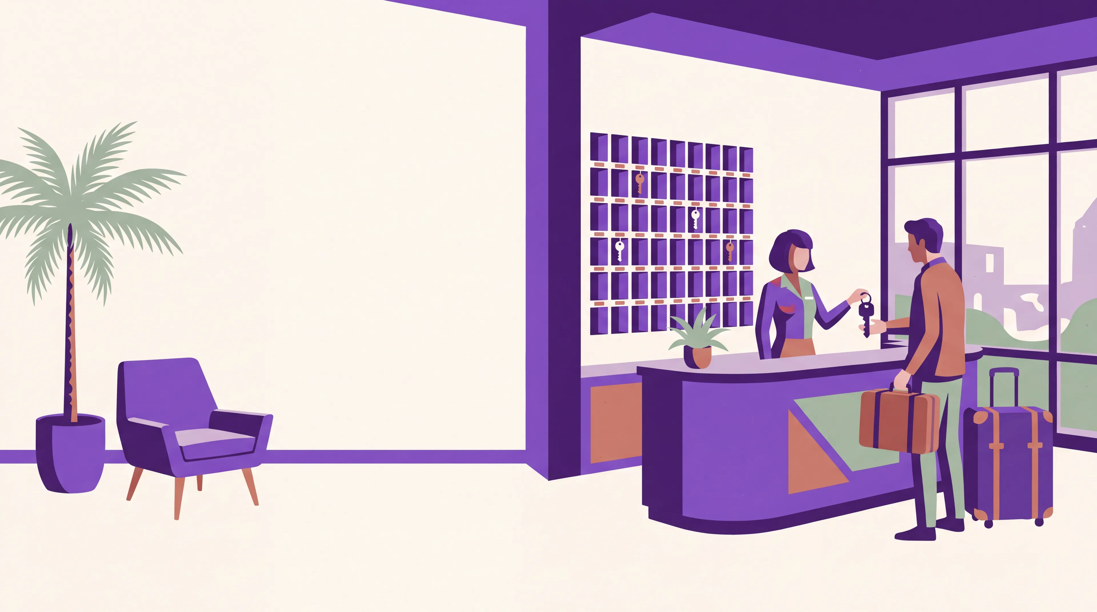 Illustration of a guest checking in at a hotel front desk